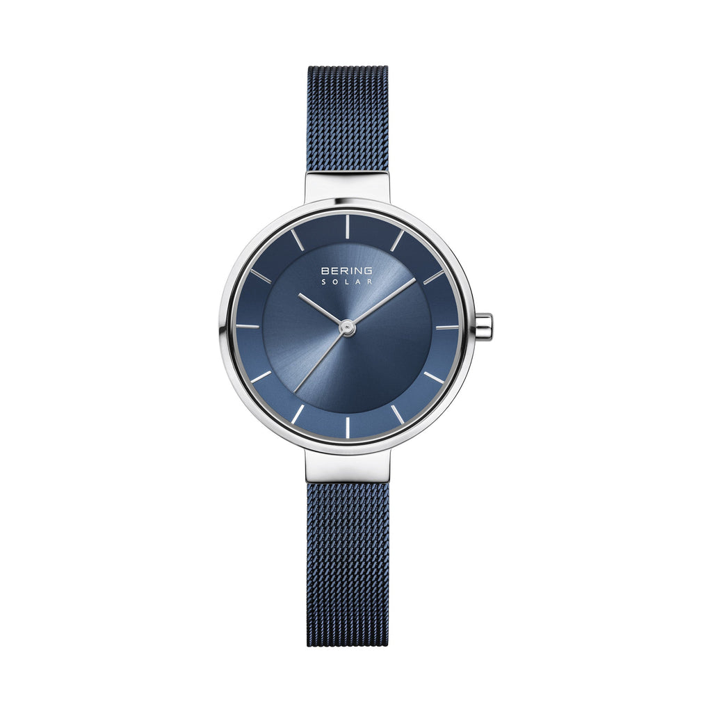 Bering Solar 31mm Silver Blue Milanese Strap Watch