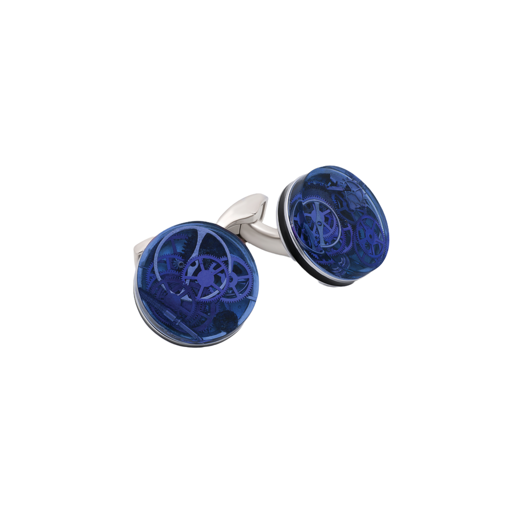 Tateossian Resin Gear cufflinks Marine Blue in clear with rhodium finish