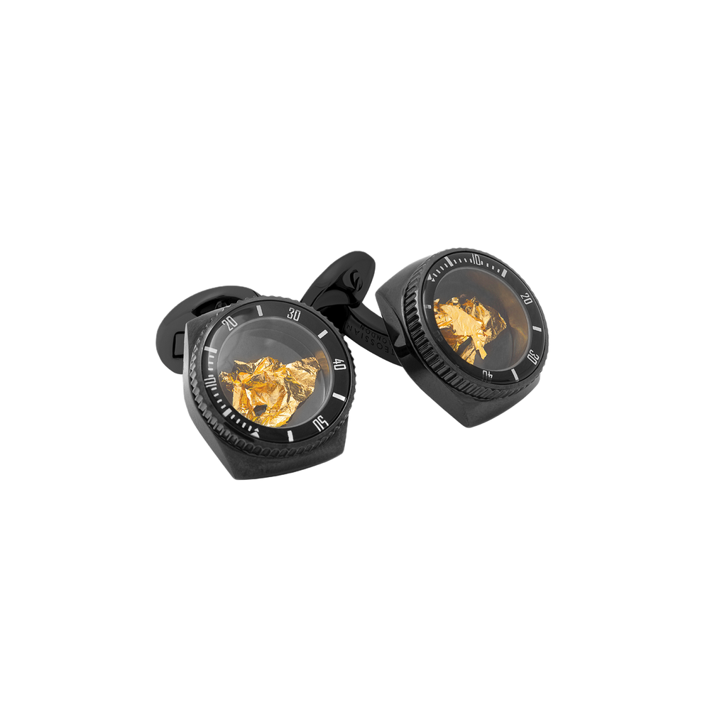 Tateossian Rollo Gold Leaf cufflinks in black IP steel