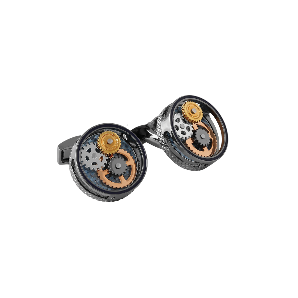 Tateossian Round Gear Carbon Fibre cufflinks with gunmetal finish