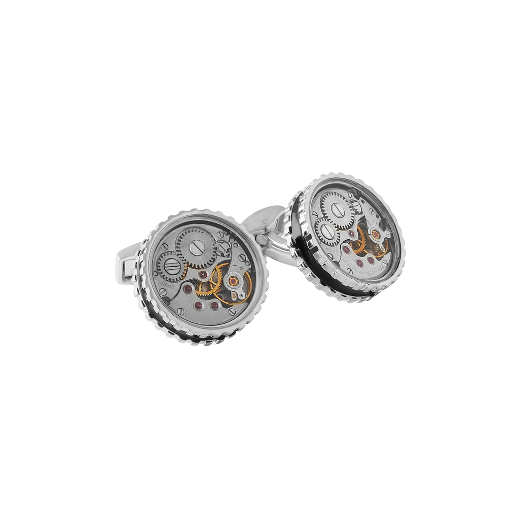 Tateossian Round Skeleton Gear cufflinks with black enamel in stainless steel