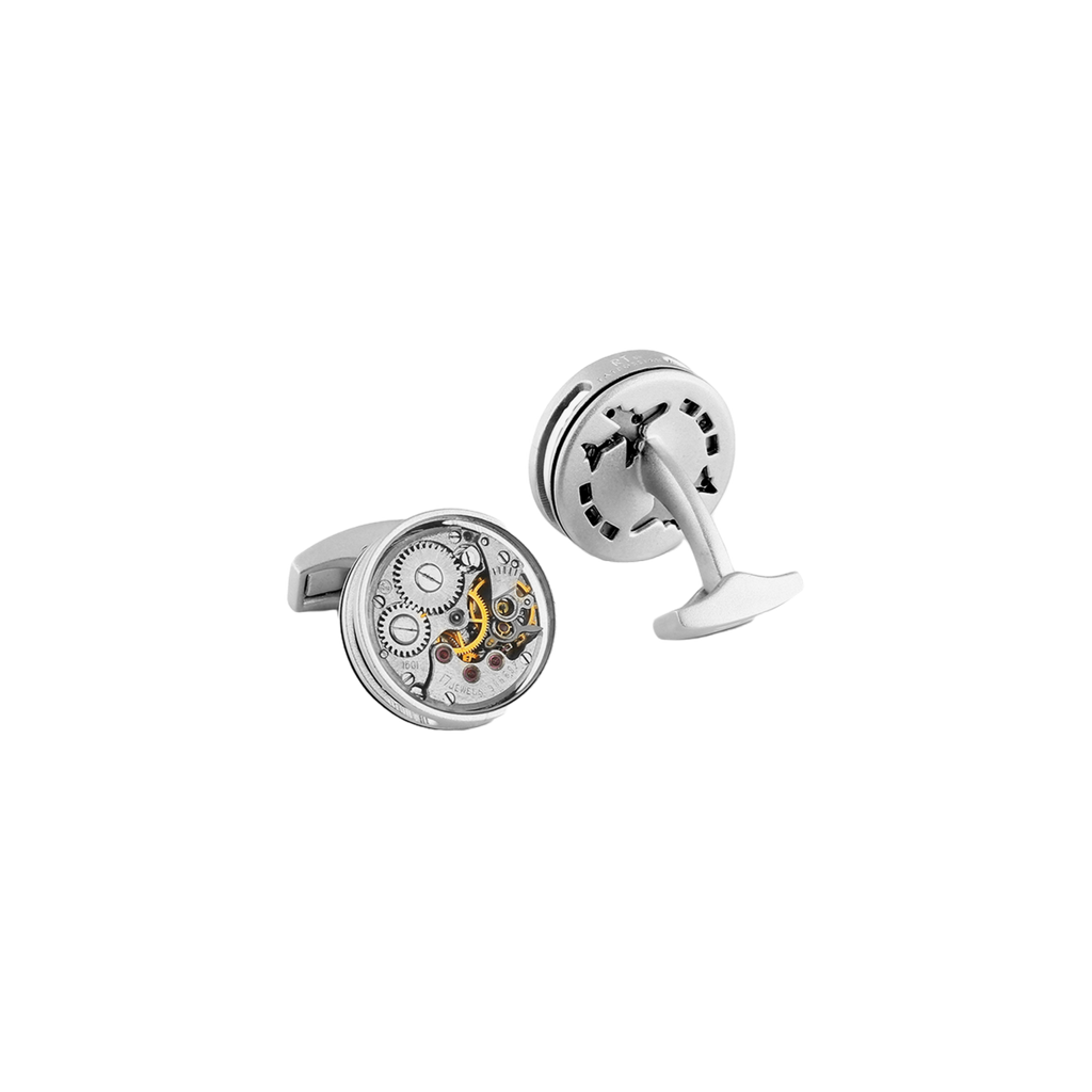 Tateossian Slim Skeleton Round Gear cufflinks with matte rhodium finish