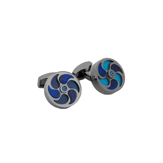 Tateossian Windmill cufflinks with blue enamel and gunmetal finish