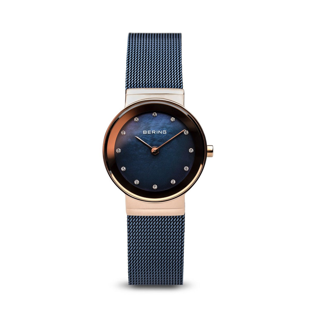 Bering Classic Polished Rose Gold Blue Mesh Swarovski Watch