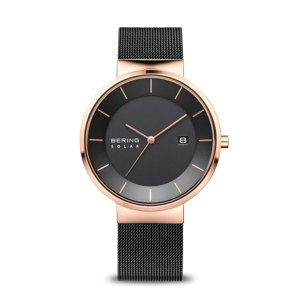 Bering Solar Polised Rose Gold Black Mesh Watch